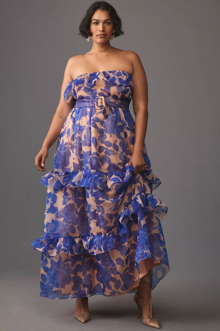Anthropologie Strapless Tiered Maxi Dress Blue Floral 1X NO BELT, NEW